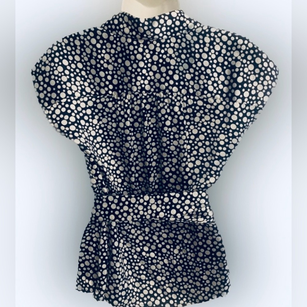 Doncaster SILK Wrap Top XS 2 Navy Blue White Polka Dot Belt Sash Career Stretch - Picture 4 of 6